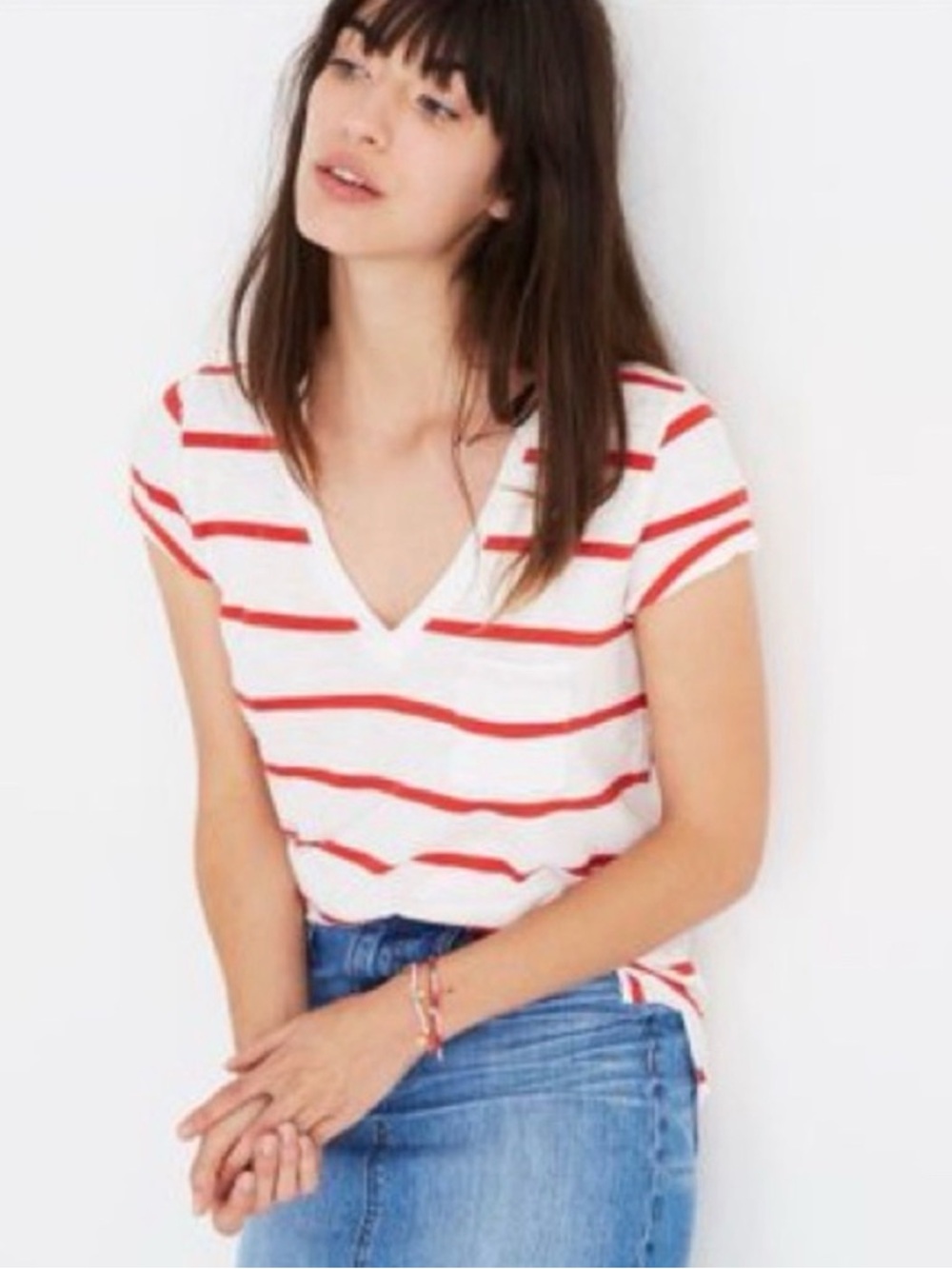 Madewell White Cotton Tee with Red Stripes front pocket v-neck